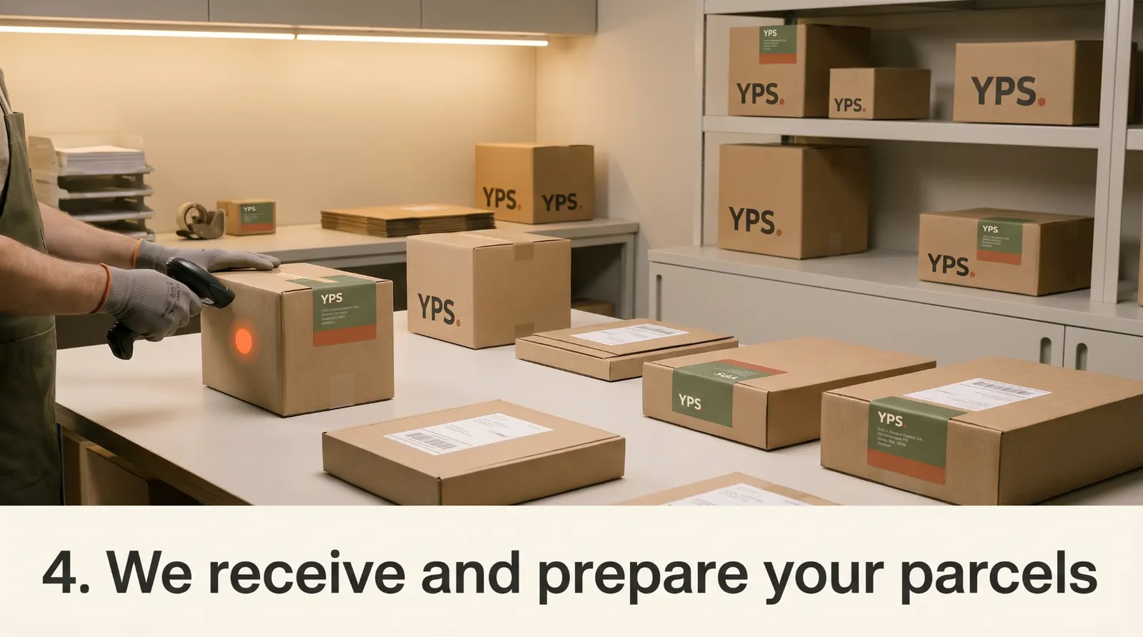 YPS warehouse team scanning and preparing parcels for shipping.
