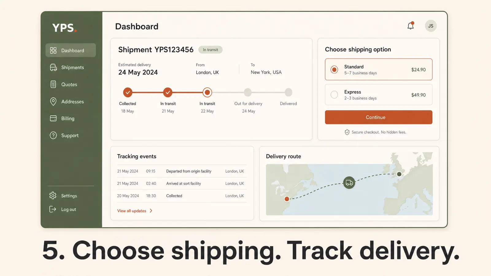 YPS dashboard showing shipping options and delivery tracking.