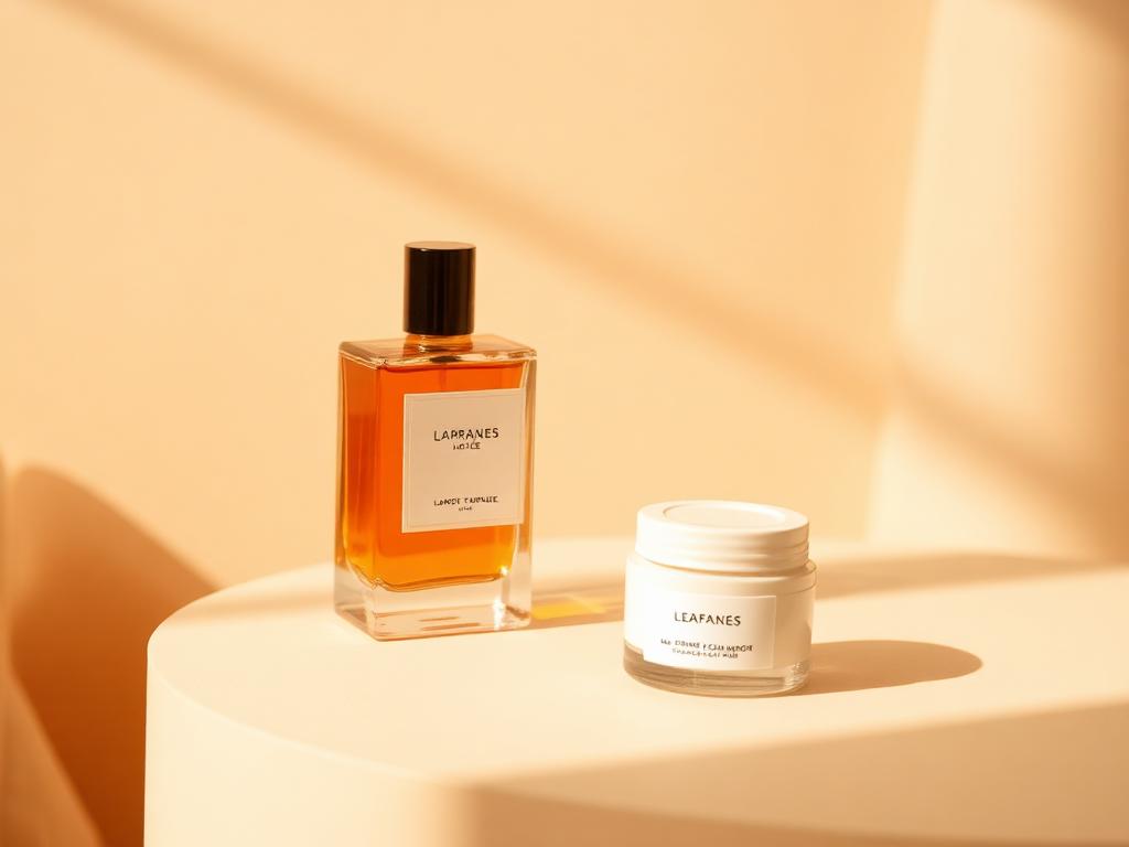 An amber fragrance bottle and a small skincare jar in soft daylight.