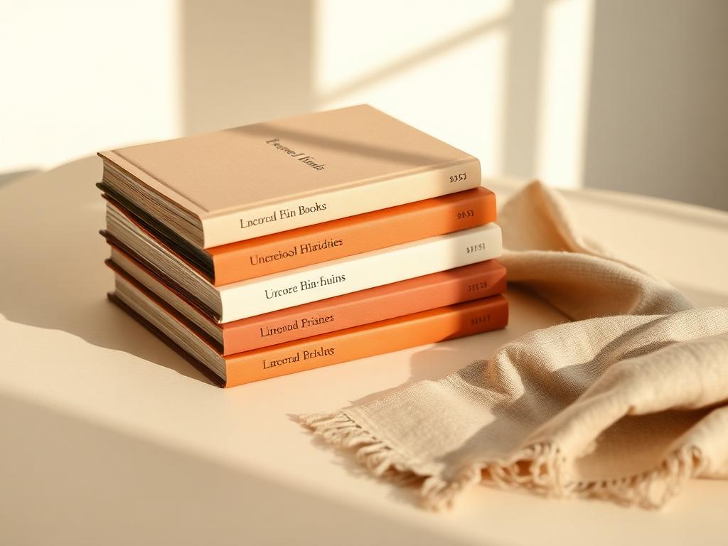A small stack of cream and terracotta hardback books beside a linen cloth.