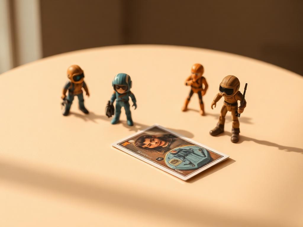 Small collectible figurines arranged with a vintage trading card.