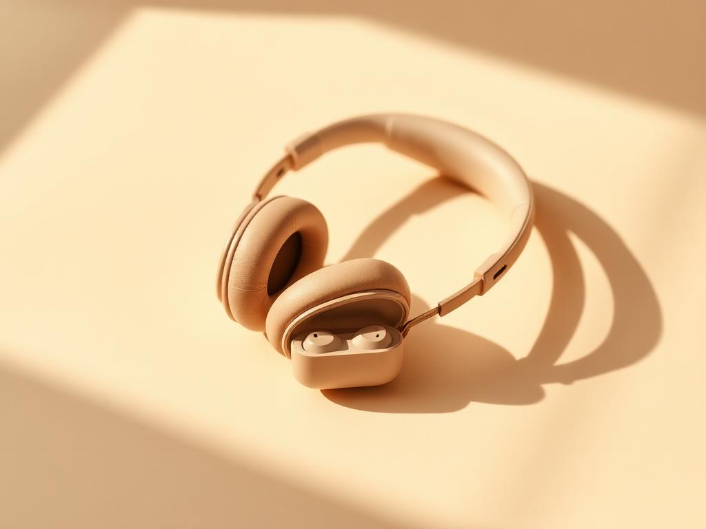 Beige over-ear headphones and earbuds case on a cream surface.