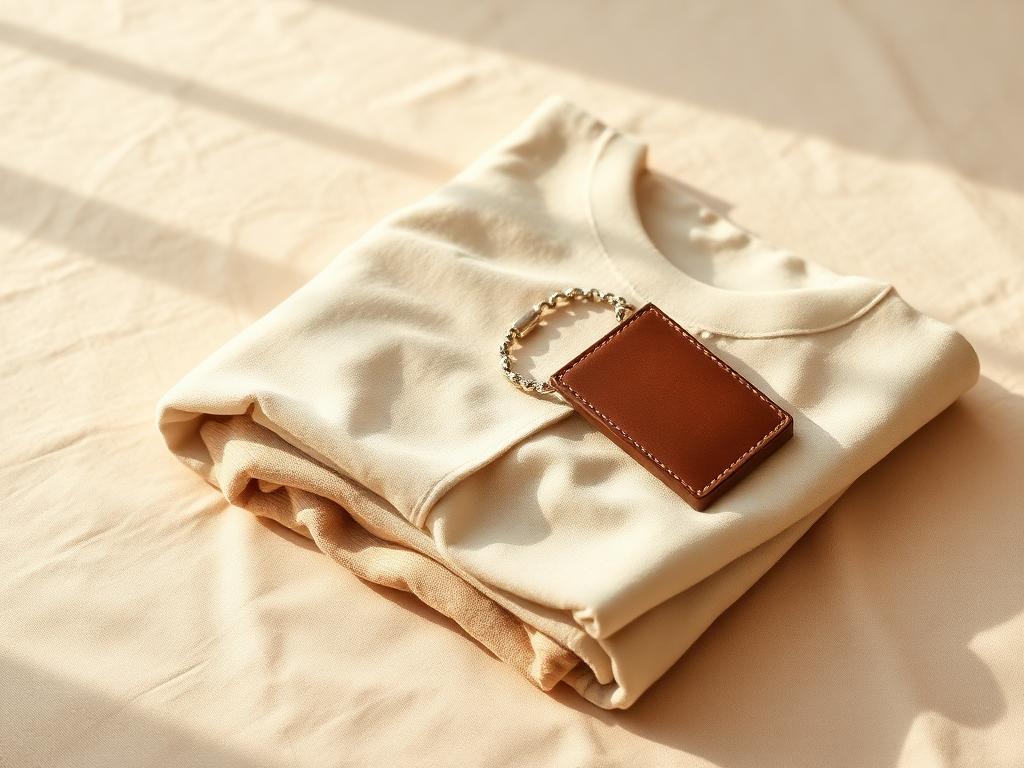 Folded cream apparel with a small leather accessory on warm linen.