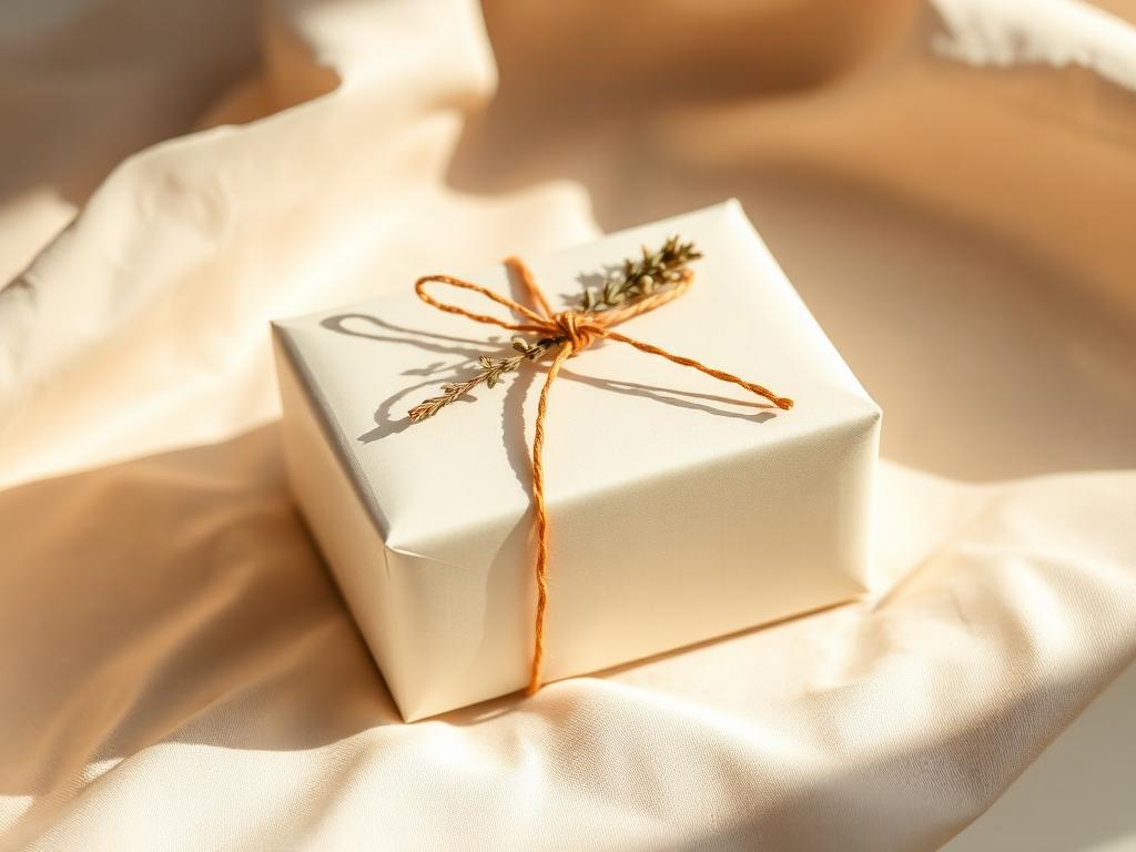 A cream-wrapped gift box tied with a terracotta string and dried foliage.