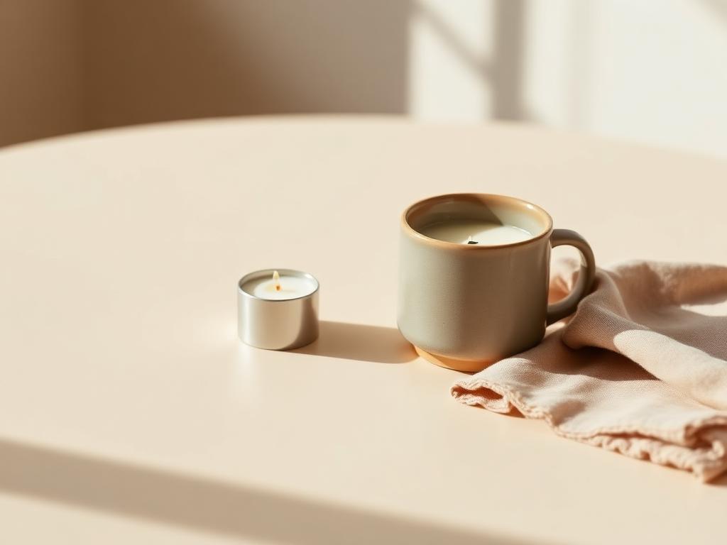A stoneware mug, small candle and folded linen napkin on a cream table.