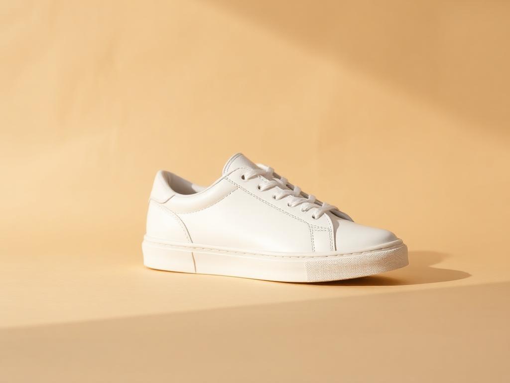 A clean white sneaker on a warm cream backdrop.