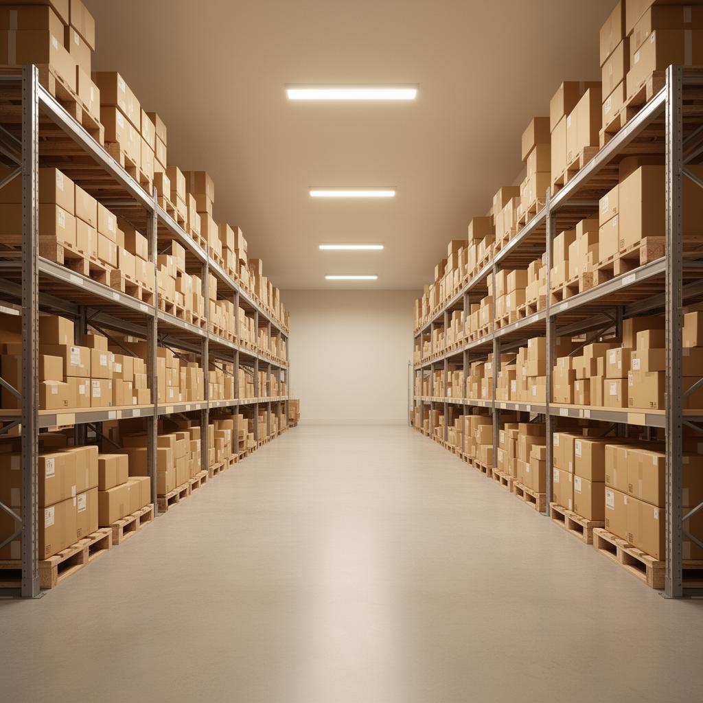 Organised aisles of parcels prepared for international shipping