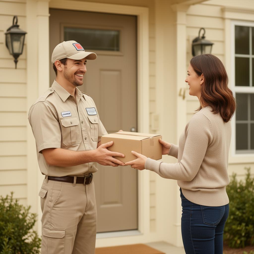 Courier handing a parcel to a customer at the door