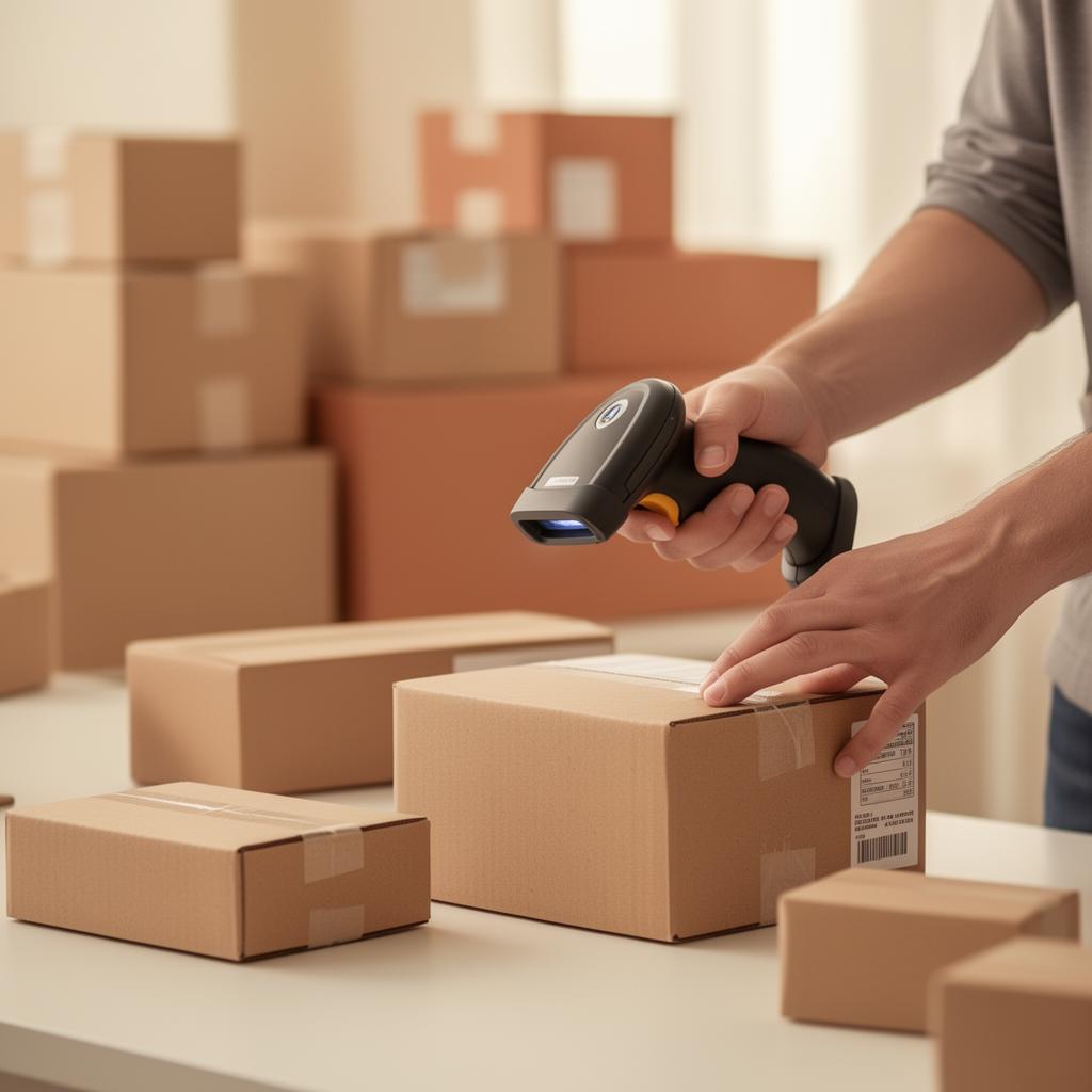 Warehouse worker scanning a parcel barcode at a packing desk